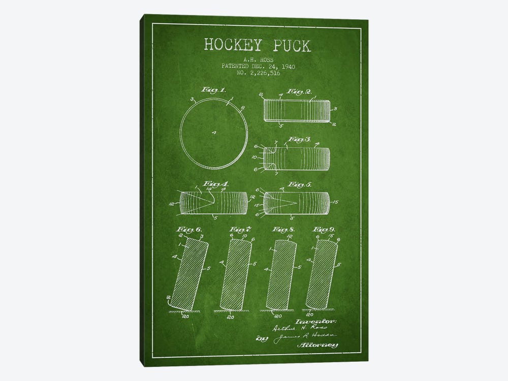 Hockey Puck Green Patent Blueprint by Aged Pixel 1-piece Canvas Art
