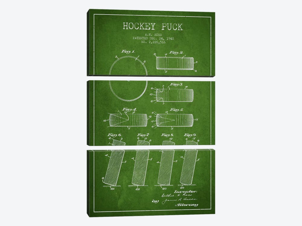 Hockey Puck Green Patent Blueprint by Aged Pixel 3-piece Canvas Art