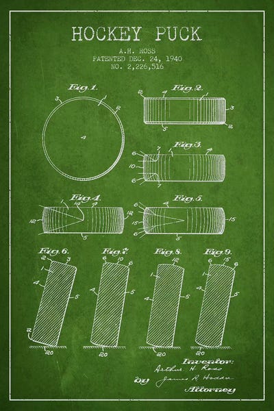 Sports Blueprints: Hockey Puck Green Patent Blueprint by Aged Pixel