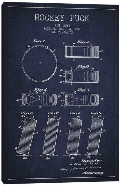 Hockey Puck Navy Blue Patent Blueprint Canvas Art Print - By Interest