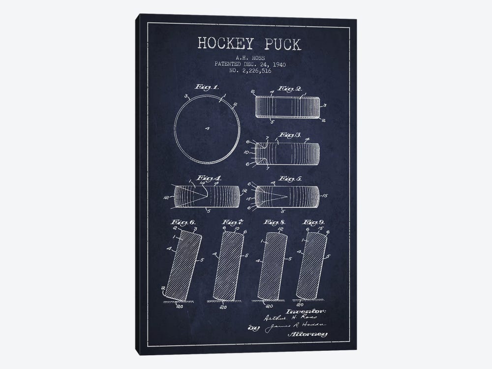 Hockey Puck Navy Blue Patent Blueprint 1-piece Canvas Art Print