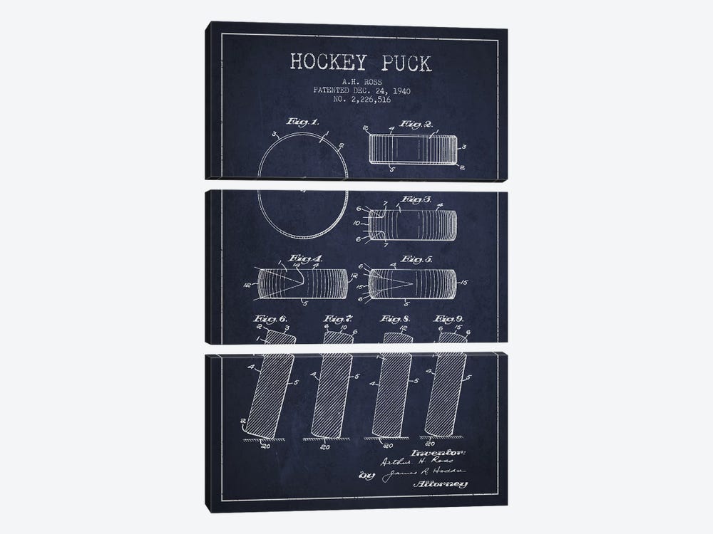 Hockey Puck Navy Blue Patent Blueprint 3-piece Art Print