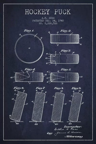 Hockey: Hockey Puck Navy Blue Patent Blueprint by Aged Pixel