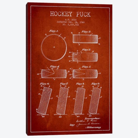 Hockey Puck Red Patent Blueprint Canvas Print #ADP376} by Aged Pixel Canvas Wall Art