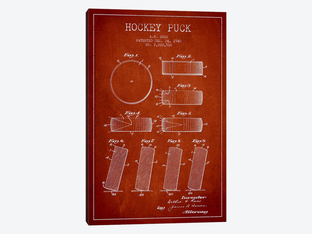 Hockey Puck Red Patent Blueprint by Aged Pixel 1-piece Canvas Wall Art