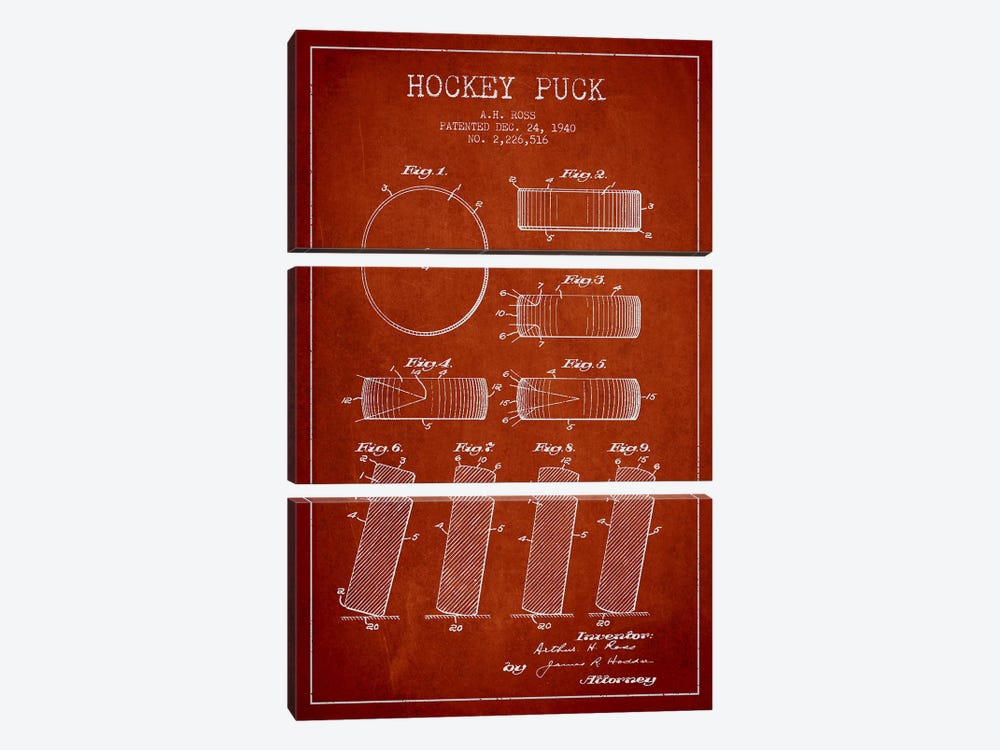 Hockey Puck Red Patent Blueprint by Aged Pixel 3-piece Canvas Wall Art