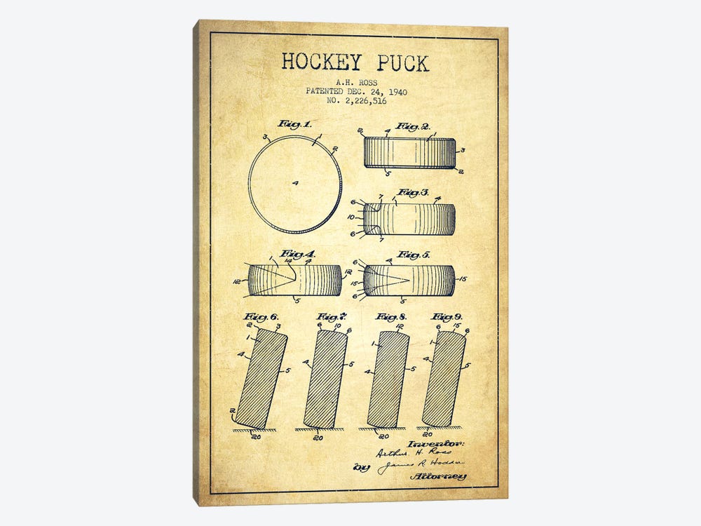 Hockey Puck Vintage Patent Blueprint by Aged Pixel 1-piece Canvas Print
