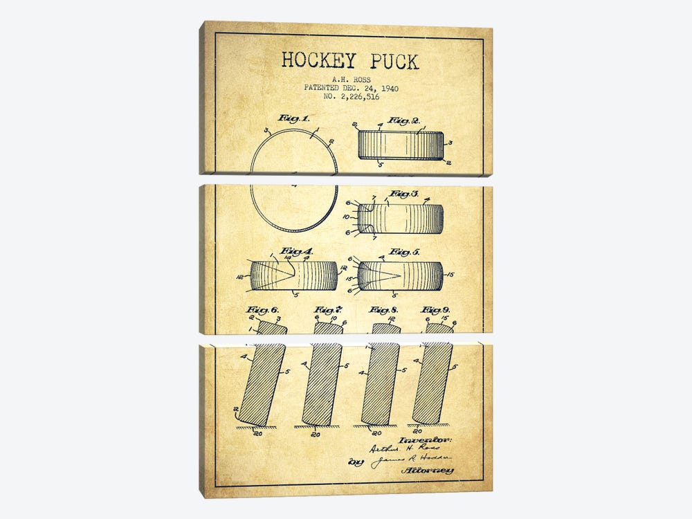 Hockey Puck Vintage Patent Blueprint by Aged Pixel 3-piece Canvas Art Print