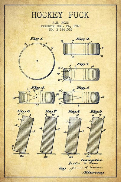 Sports Blueprints: Hockey Puck Vintage Patent Blueprint by Aged Pixel