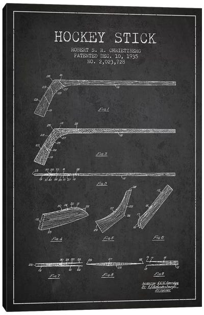 Hockey Stick Charcoal Patent Blueprint Canvas Art Print - Aged Pixel: Sports