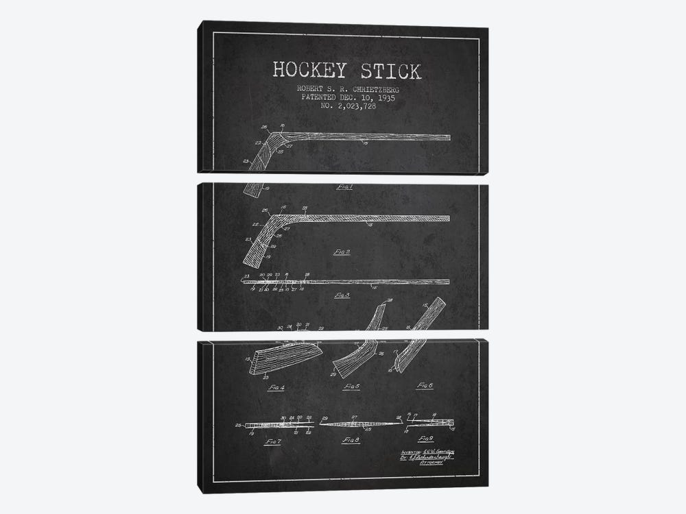 Hockey Stick Charcoal Patent Blueprint by Aged Pixel 3-piece Canvas Artwork