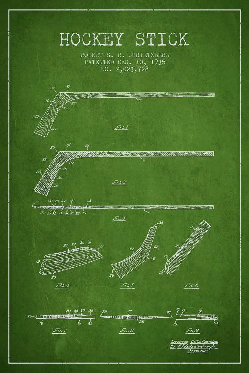 Hockey Stick Green Patent Blueprint by Aged Pixel wall art