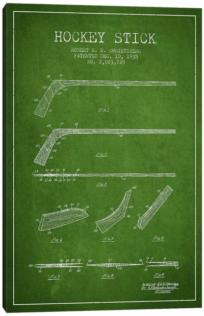 Hockey Stick Green Patent Blueprint Canvas Art Print - Sports Blueprints