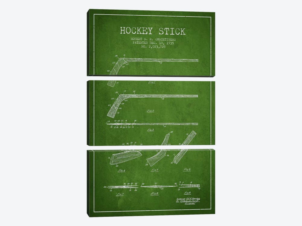 Hockey Stick Green Patent Blueprint 3-piece Canvas Art Print