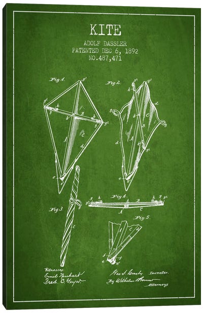 Kite Green Patent Blueprint Canvas Art Print - Toy & Game Blueprints