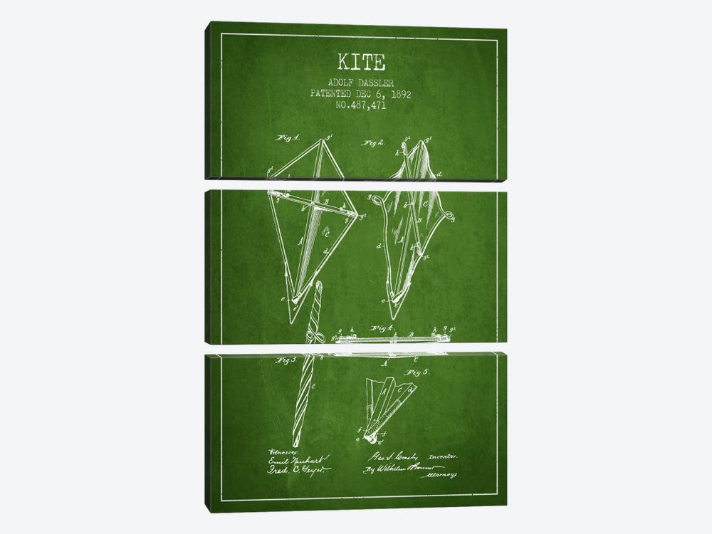 Kite Green Patent Blueprint by Aged Pixel 3-piece Canvas Art Print
