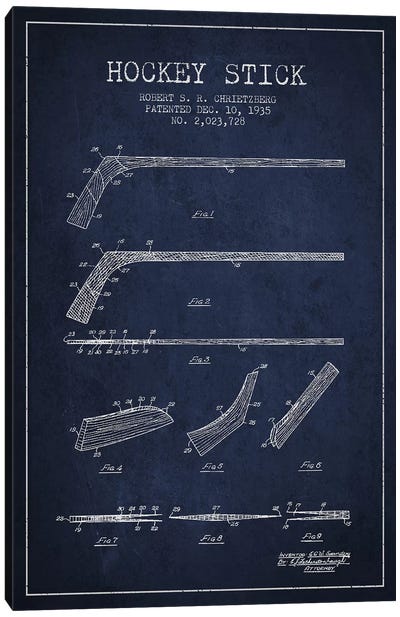 Hockey Stick Navy Blue Patent Blueprint Canvas Art Print - Gym Art