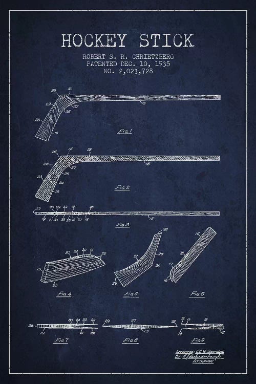 Hockey Stick Navy Blue Patent Blueprint by Aged Pixel wall art