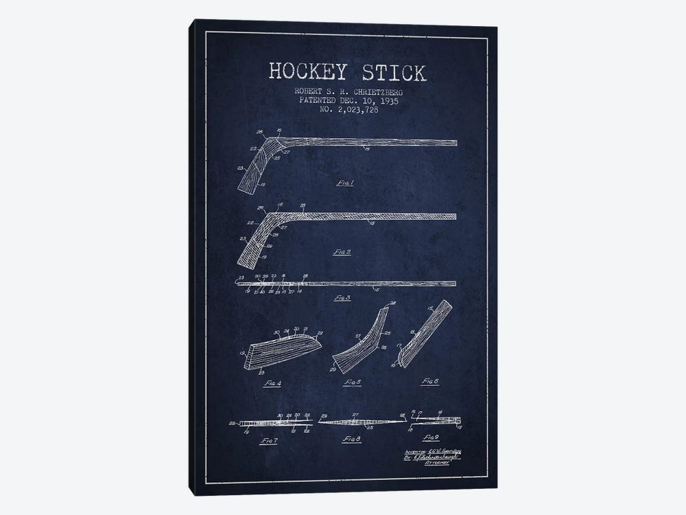 Hockey Stick Navy Blue Patent Blueprint by Aged Pixel 1-piece Canvas Print