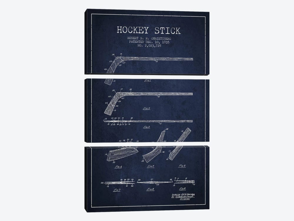 Hockey Stick Navy Blue Patent Blueprint 3-piece Art Print