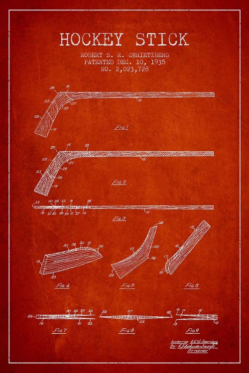 Hockey Stick Red Patent Blueprint by Aged Pixel wall art