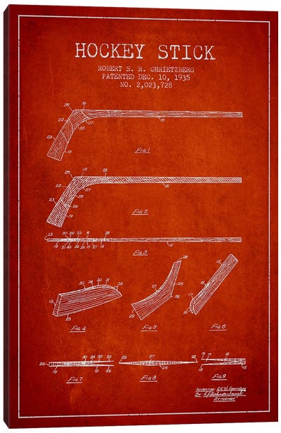 Hockey Stick Red Patent Blueprint Canvas Art Print - Hockey Art
