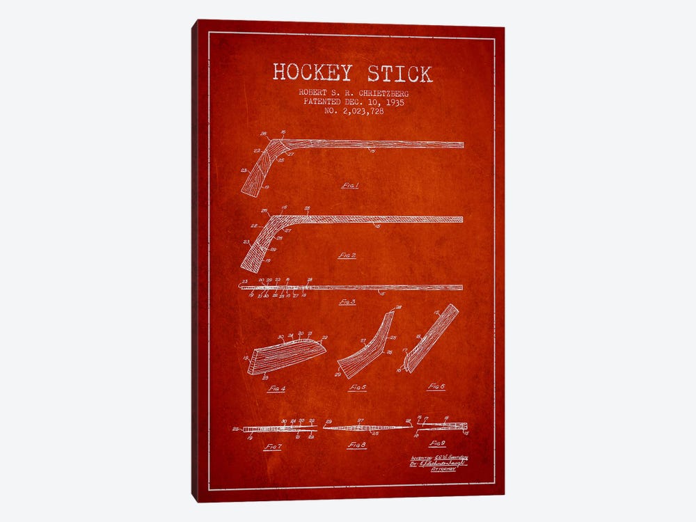 Hockey Stick Red Patent Blueprint by Aged Pixel 1-piece Canvas Art