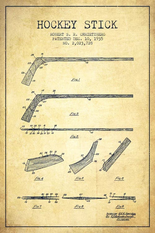 Hockey Stick Vintage Patent Blueprint by Aged Pixel wall art