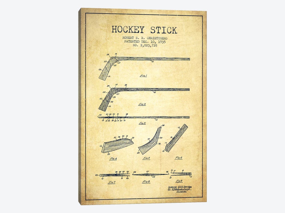 Hockey Stick Vintage Patent Blueprint by Aged Pixel 1-piece Canvas Art Print