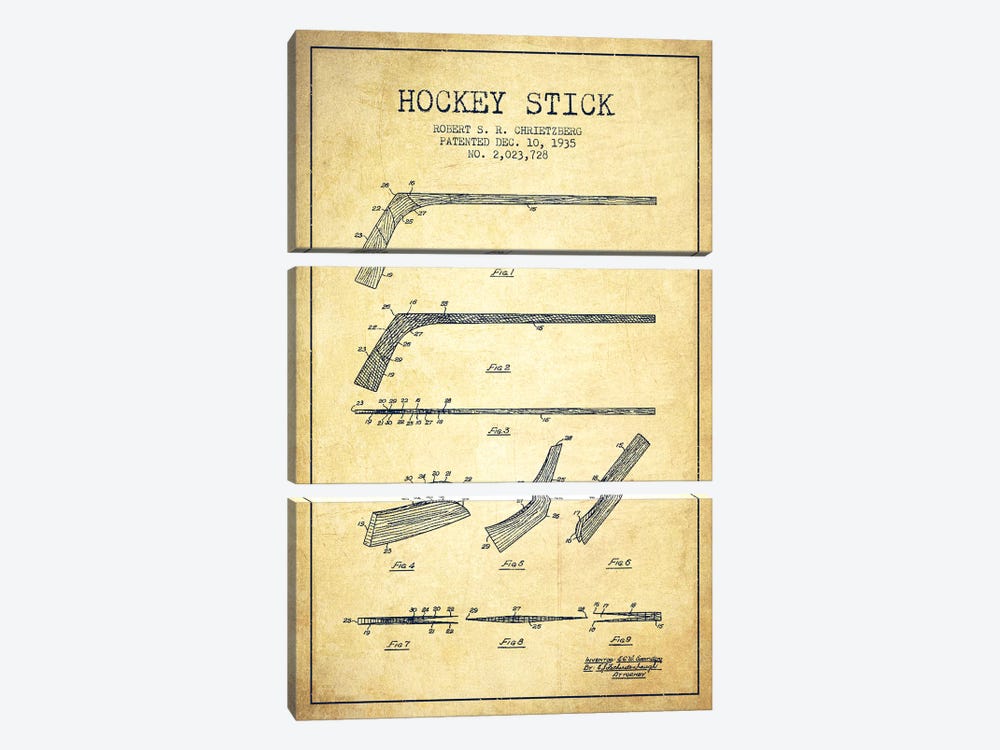 Hockey Stick Vintage Patent Blueprint by Aged Pixel 3-piece Canvas Art Print