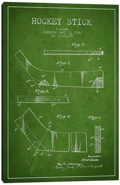 Hockey Stick Green Patent Blueprint Canvas Art Print - Hockey Art
