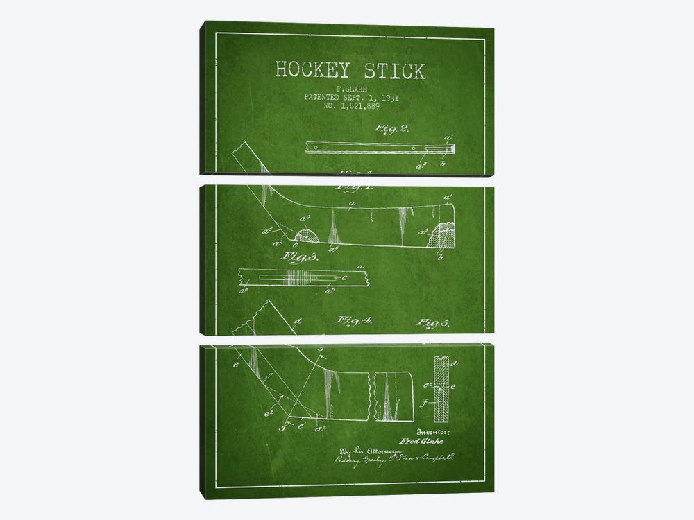 Hockey Stick Green Patent Blueprint by Aged Pixel 3-piece Canvas Art Print