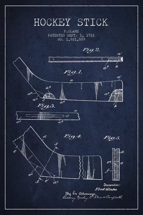 Hockey Stick Navy Blue Patent Blueprint by Aged Pixel wall art