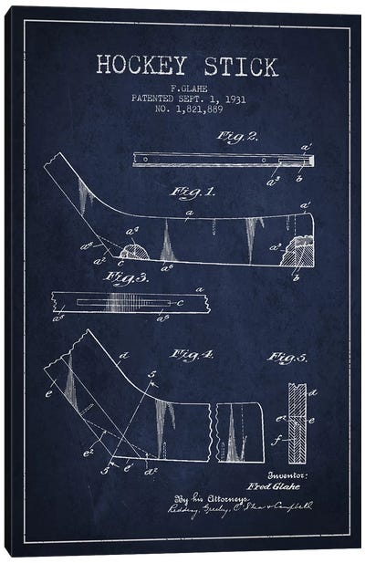 Hockey Stick Navy Blue Patent Blueprint Canvas Art Print - Hockey Art