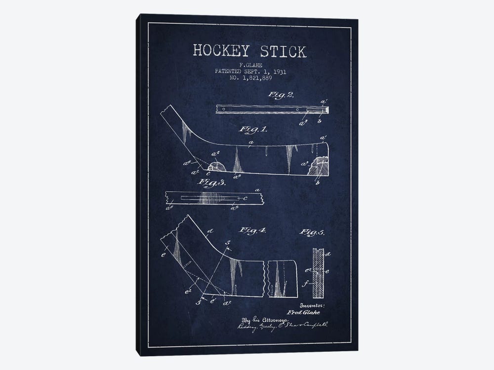 Hockey Stick Navy Blue Patent Blueprint by Aged Pixel 1-piece Canvas Artwork