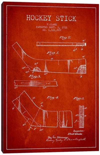 Hockey Stick Red Patent Blueprint Canvas Art Print - Sports Blueprints