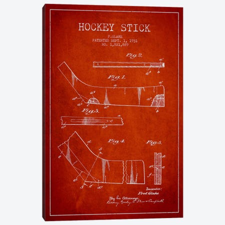 Hockey Stick Red Patent Blueprint Canvas Print #ADP386} by Aged Pixel Art Print
