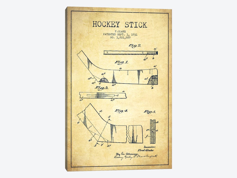 Hockey Stick Vintage Patent Blueprint by Aged Pixel 1-piece Canvas Art