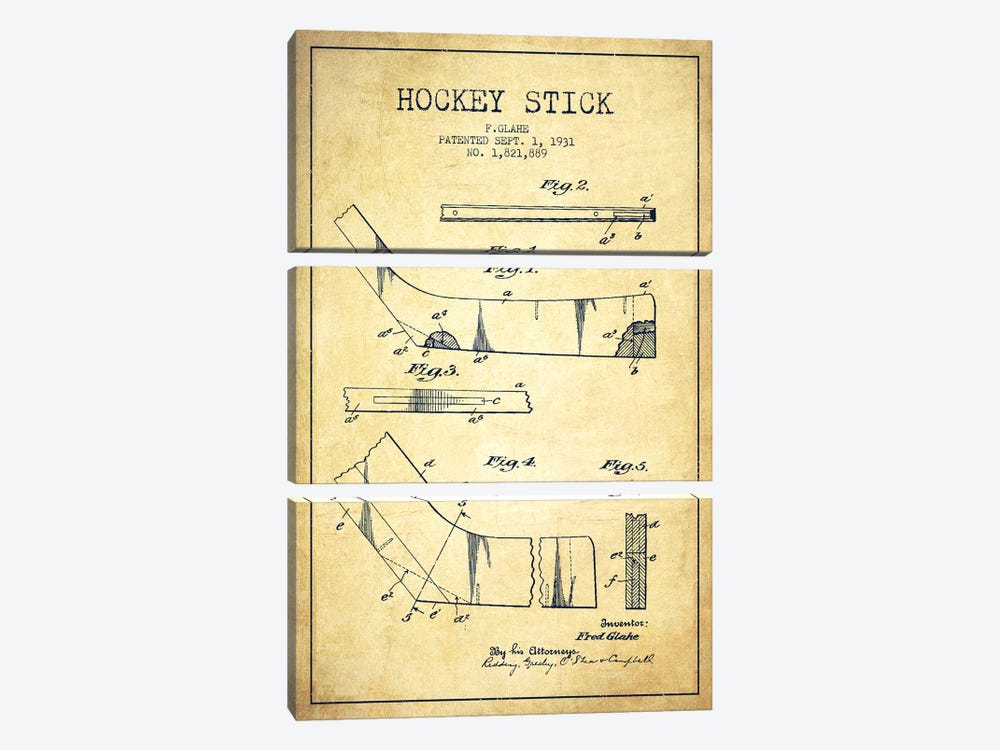 Hockey Stick Vintage Patent Blueprint by Aged Pixel 3-piece Canvas Wall Art