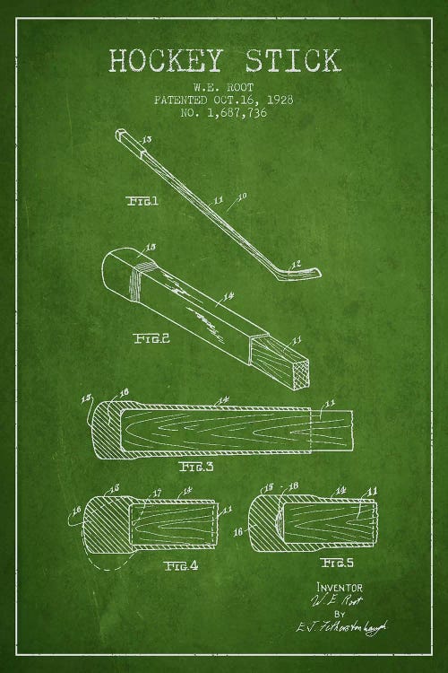 Hockey Stick Green Patent Blueprint by Aged Pixel wall art