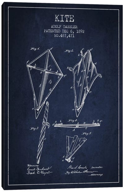 Kite Navy Blue Patent Blueprint Canvas Art Print - Aged Pixel: Toys & Games