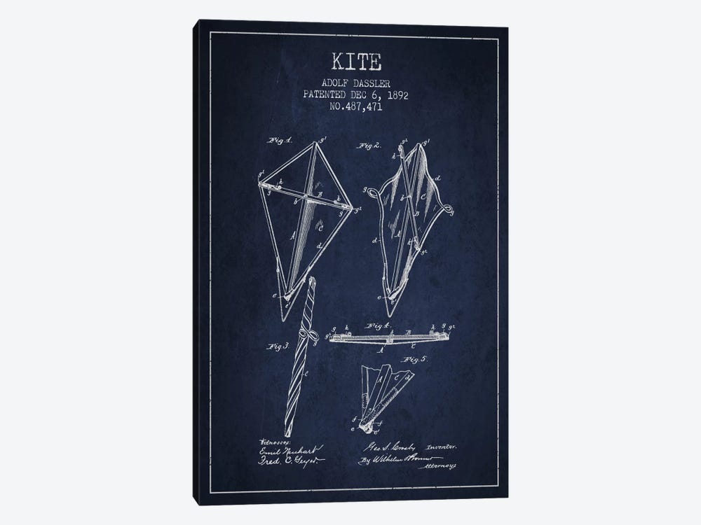 Kite Navy Blue Patent Blueprint by Aged Pixel 1-piece Canvas Wall Art