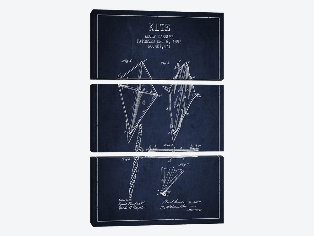 Kite Navy Blue Patent Blueprint by Aged Pixel 3-piece Canvas Art