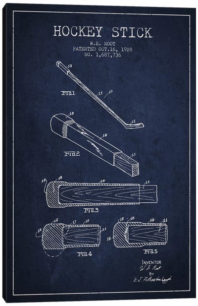 Hockey Stick Navy Blue Patent Blueprint Canvas Art Print - Aged Pixel: Sports