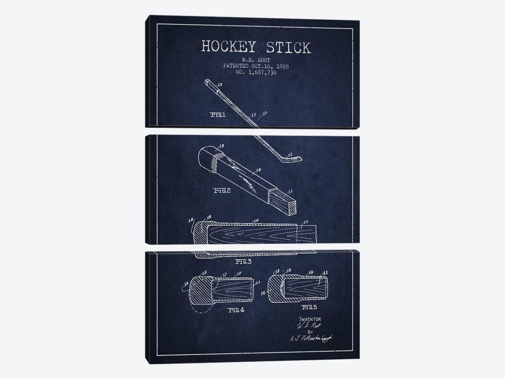 Hockey Stick Navy Blue Patent Blueprint by Aged Pixel 3-piece Canvas Artwork