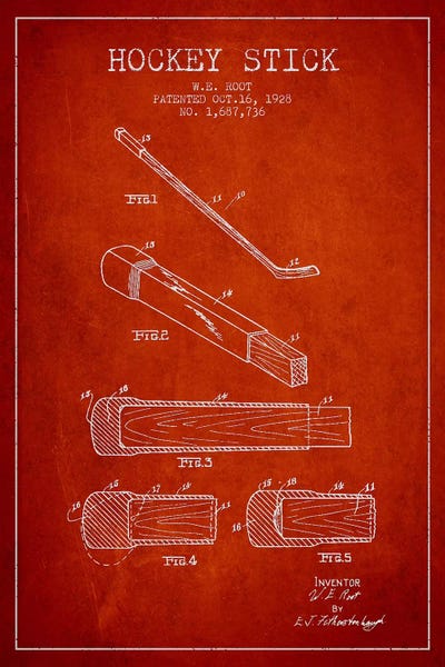 Hockey Stick Red Patent Blueprint by Aged Pixel canvas print