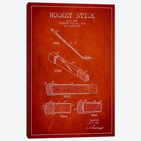 Hockey Stick Red Patent Blueprint Canvas Print #ADP391} by Aged Pixel Canvas Art Print