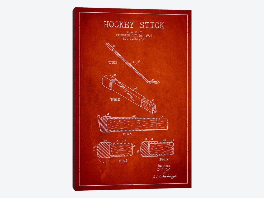 Hockey Stick Red Patent Blueprint by Aged Pixel 1-piece Canvas Print