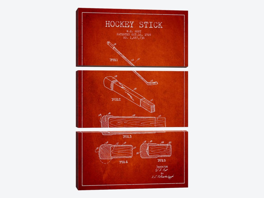Hockey Stick Red Patent Blueprint by Aged Pixel 3-piece Canvas Print