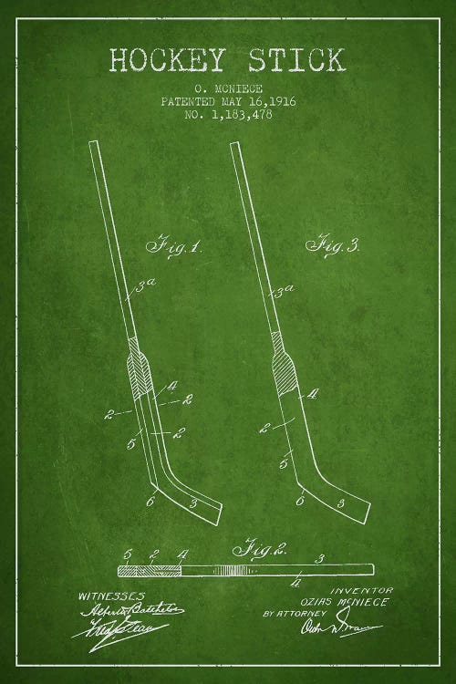 Hockey Stick Green Patent Blueprint by Aged Pixel wall art